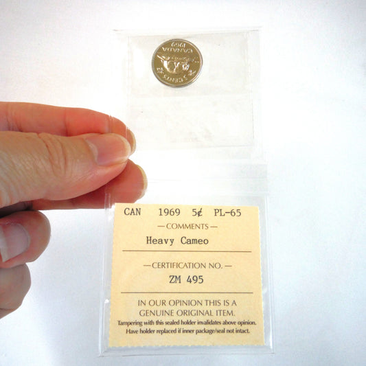 1969 CANADIAN .05 NICKEL COIN, Graded PL-65 Heavy Cameo, Certified by ICCS
