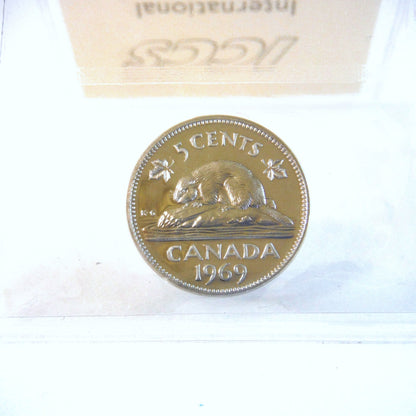 1969 CANADIAN .05 NICKEL COIN, Graded PL-65 Heavy Cameo, Certified by ICCS