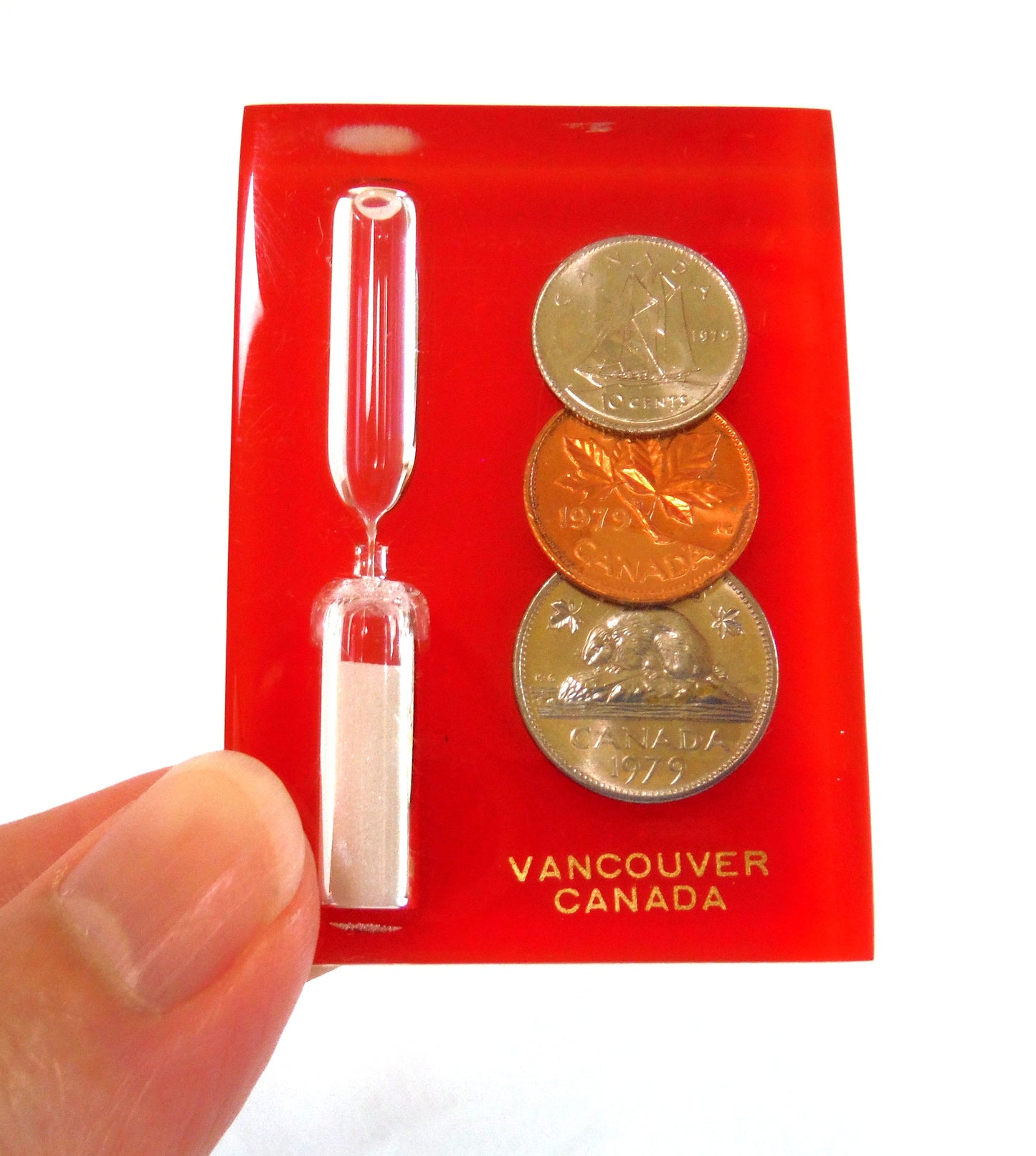 1979 Canadian Dime, Penny and Nickel with Hour-Glass: Vintage Acrylic Lucite Block Souvenir of VANCOUVER, BRITISH COLUMBIA, CANADA