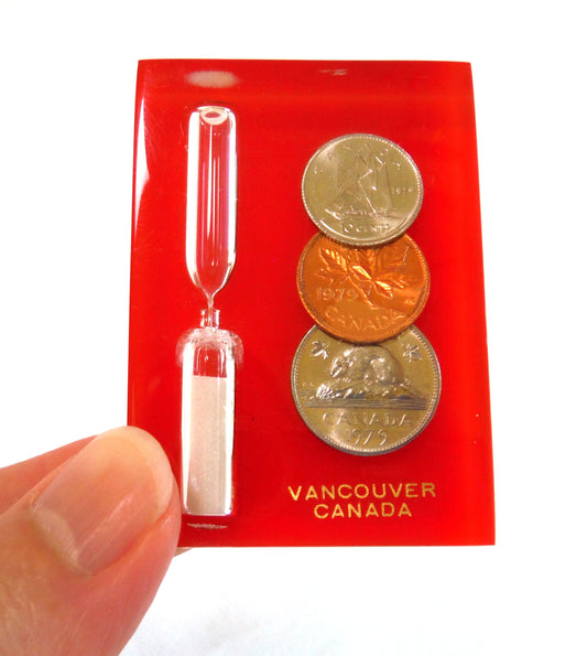 1979 Canadian Dime, Penny and Nickel with Hour-Glass: Vintage Acrylic Lucite Block Souvenir of VANCOUVER, BRITISH COLUMBIA, CANADA