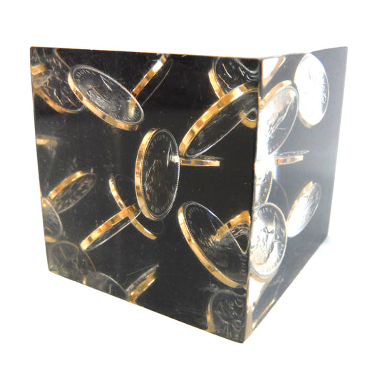 1976 Canadian Pennies: Vintage Clear Acrylic Lucite Souvenir Block Paperweight of TEN COINS!