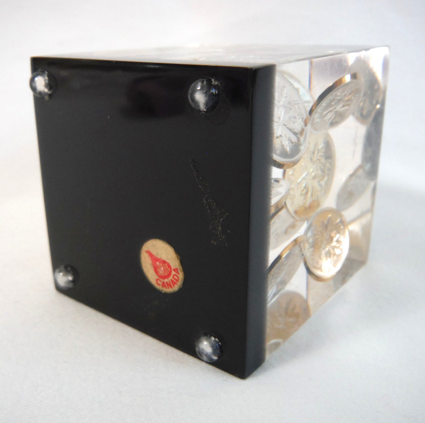 1976 Canadian Pennies: Vintage Clear Acrylic Lucite Souvenir Block Paperweight of TEN COINS!