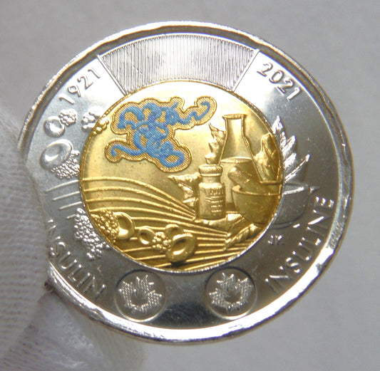 2021 Canadian $2 Toonie Coin, Featuring the Blue Coloured Logo Representing the 100th Anniversary of the Discovery of Insulin