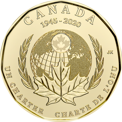 2020 Canadian $1 Loonie 2-COIN-PACKAGE! (Coloured and Non Coloured Coin), Celebrating the 75th Anniversary of the Signing of the UN Charter