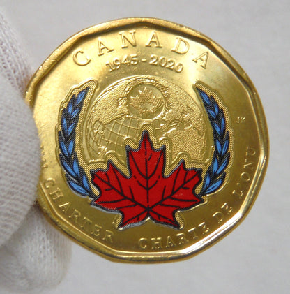 2020 Canadian $1 Loonie 2-COIN-PACKAGE! (Coloured and Non Coloured Coin), Celebrating the 75th Anniversary of the Signing of the UN Charter