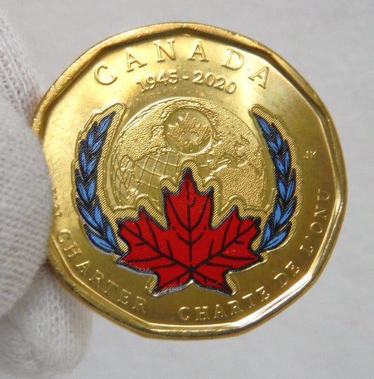 2020 Canadian $1 Loonie 2-COIN-PACKAGE! (Coloured and Non Coloured Coin), Celebrating the 75th Anniversary of the Signing of the UN Charter