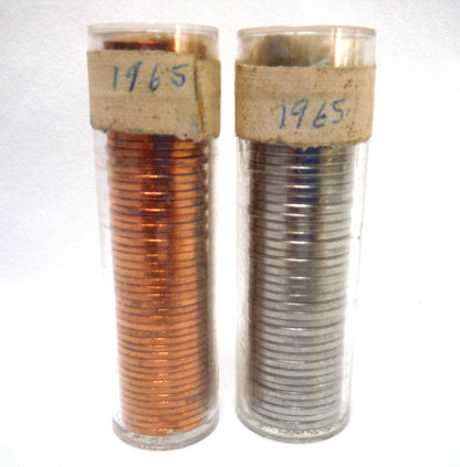 1965 Canadian Nickel and Penny Coins in Brilliant Uncirculated Sealed Full Plastic Tubes