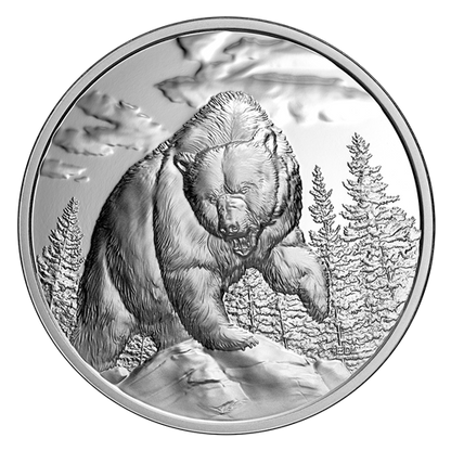 2023 Canadian $20 Pure Fine 1 oz Silver 99.99% Ultra High Relief Coin: GREAT HUNTERS GRIZZLY BEAR