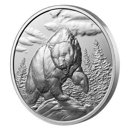2023 Canadian $20 Pure Fine 1 oz Silver 99.99% Ultra High Relief Coin: GREAT HUNTERS GRIZZLY BEAR