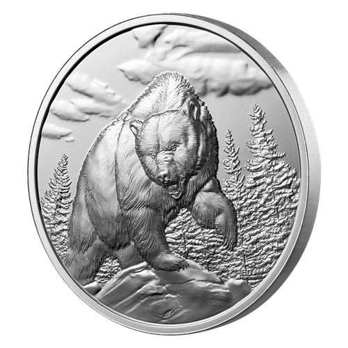 2023 Canadian $20 Pure Fine 1 oz Silver 99.99% Ultra High Relief Coin: GREAT HUNTERS GRIZZLY BEAR