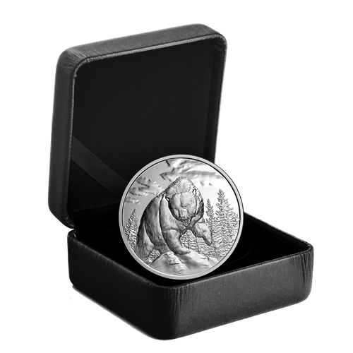 2023 Canadian $20 Pure Fine 1 oz Silver 99.99% Ultra High Relief Coin: GREAT HUNTERS GRIZZLY BEAR