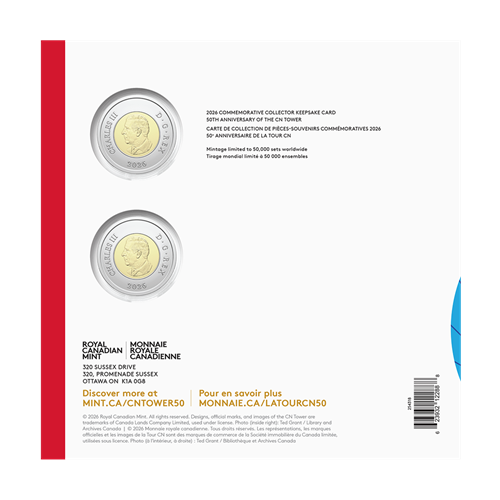 2026 Canadian 50th Anniversary of the CN TOWER Commemorative Collector Keepsake Card, Featuring DOUBLE TOONIES!