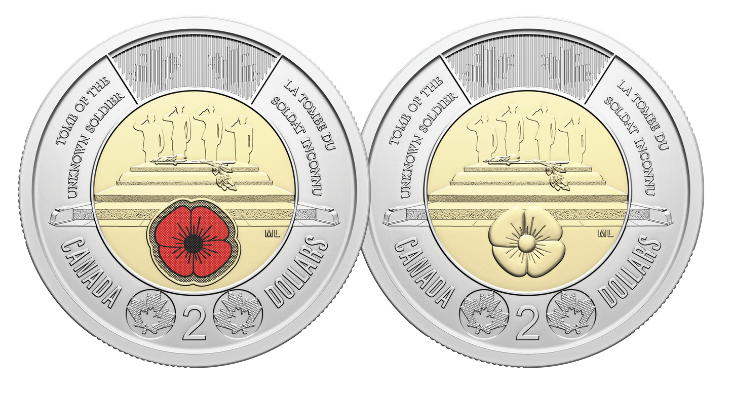 2025 Canadian $2 Two-Coin Set HONOURING CANADA'S UNKNOWN SOLDIER: Commemorative Card Featuring Double Toonies (Coloured and Non Coloured)