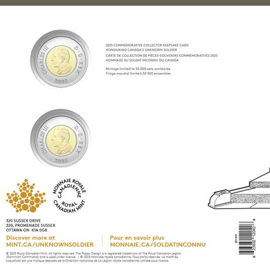 2025 Canadian $2 Two-Coin Set HONOURING CANADA'S UNKNOWN SOLDIER: Commemorative Card Featuring Double Toonies (Coloured and Non Coloured)