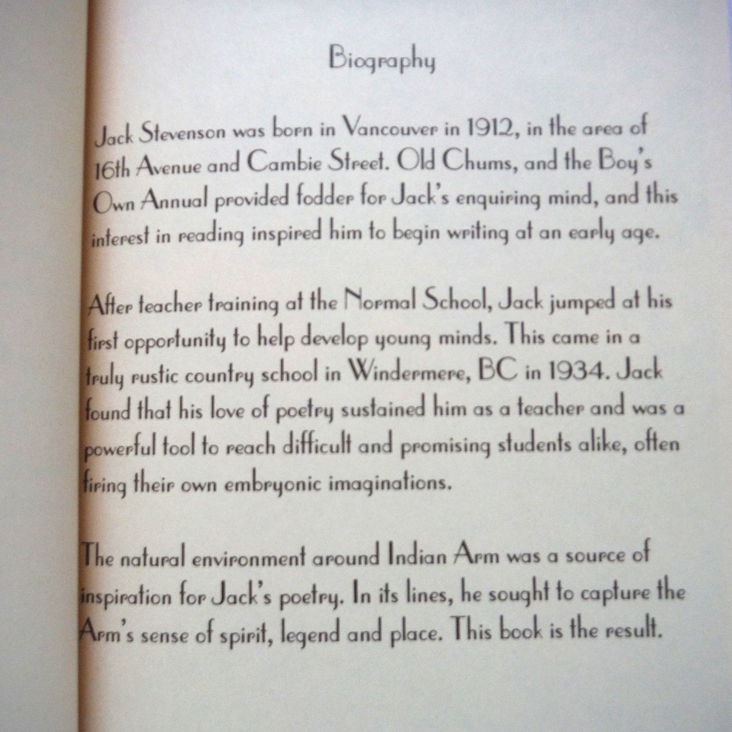 SONGS OF INDIAN ARM, A Tribute in Poetry, by John Stevenson (1st Ed. SIGNED)