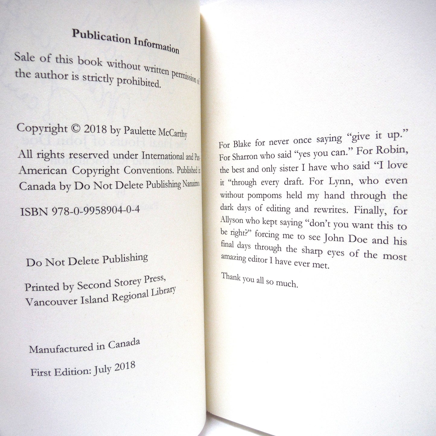THE FINAL HOURS OF JOHN DOE, Truth and Reconciliation by Paulette McCarthy (1st Ed. SIGNED)