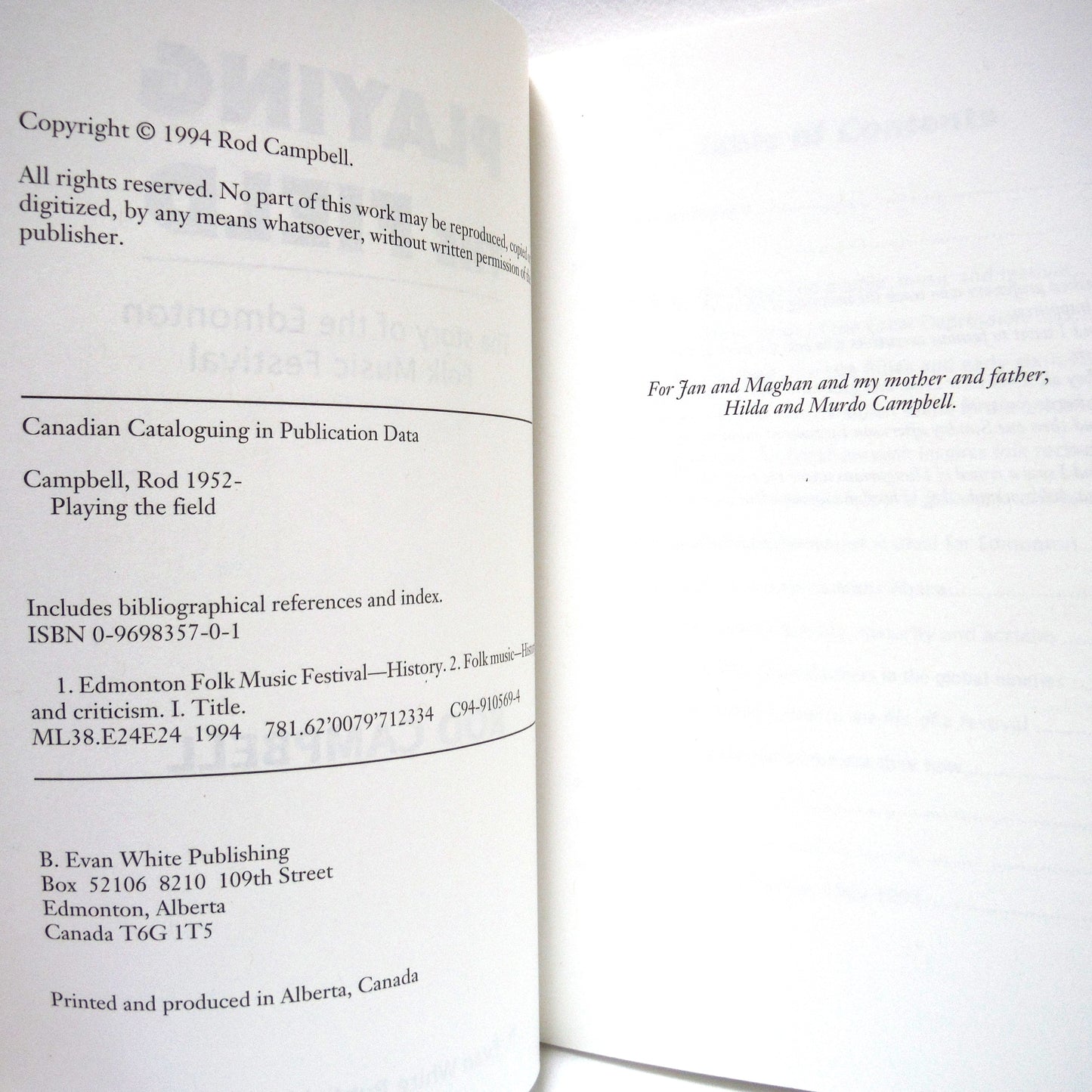 PLAYING THE FIELD, The Story of the Edmonton Folk Music Festival, by Rod Campbell (1st Ed. SIGNED)