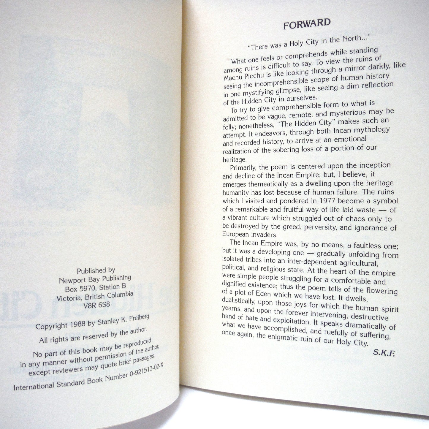 THE HIDDEN CITY, A Poem of Peru by Stanley K. Freiberg (1st Ed. SIGNED)