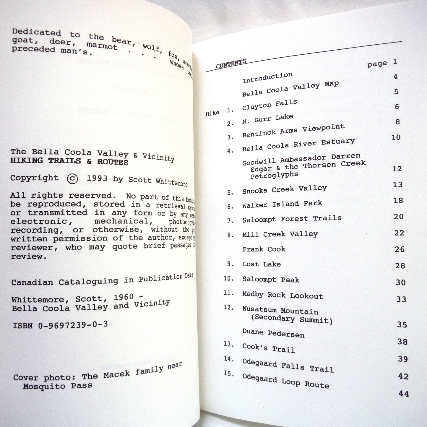 THE BELLA COOLA VALLEY and VICINITY HIKING TRAILS and ROUTES, by Scott Whittemore (1993 1st Ed.)