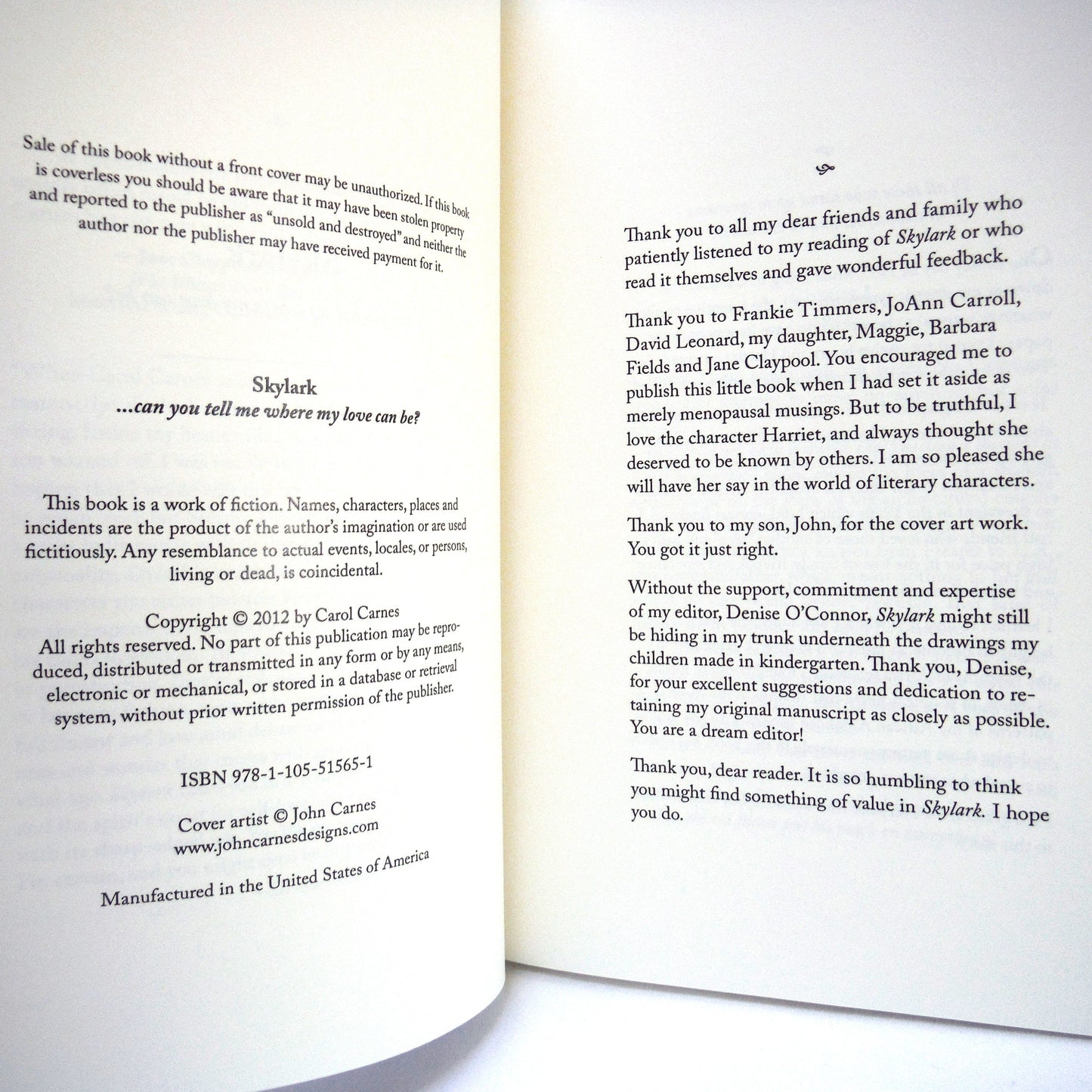 SKYLARK...can you tell me where my love can be? By Carol Carnes (2012 1st Ed.)