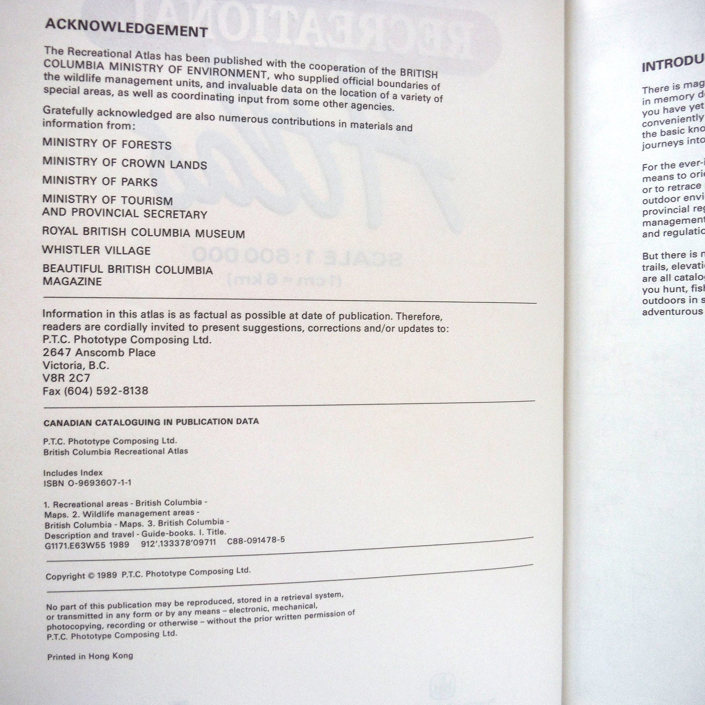 BRITISH COLUMBIA RECREATIONAL ATLAS, in 1:600 000 scale by The Province of British Columbia and Informap  (1989 1st Ed.)