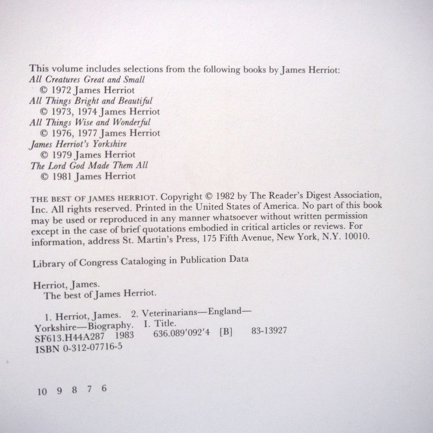 THE BEST OF JAMES HERRIOT: Favourite memories of a Country Vet, by James Herriot (1982 1st Ed.)