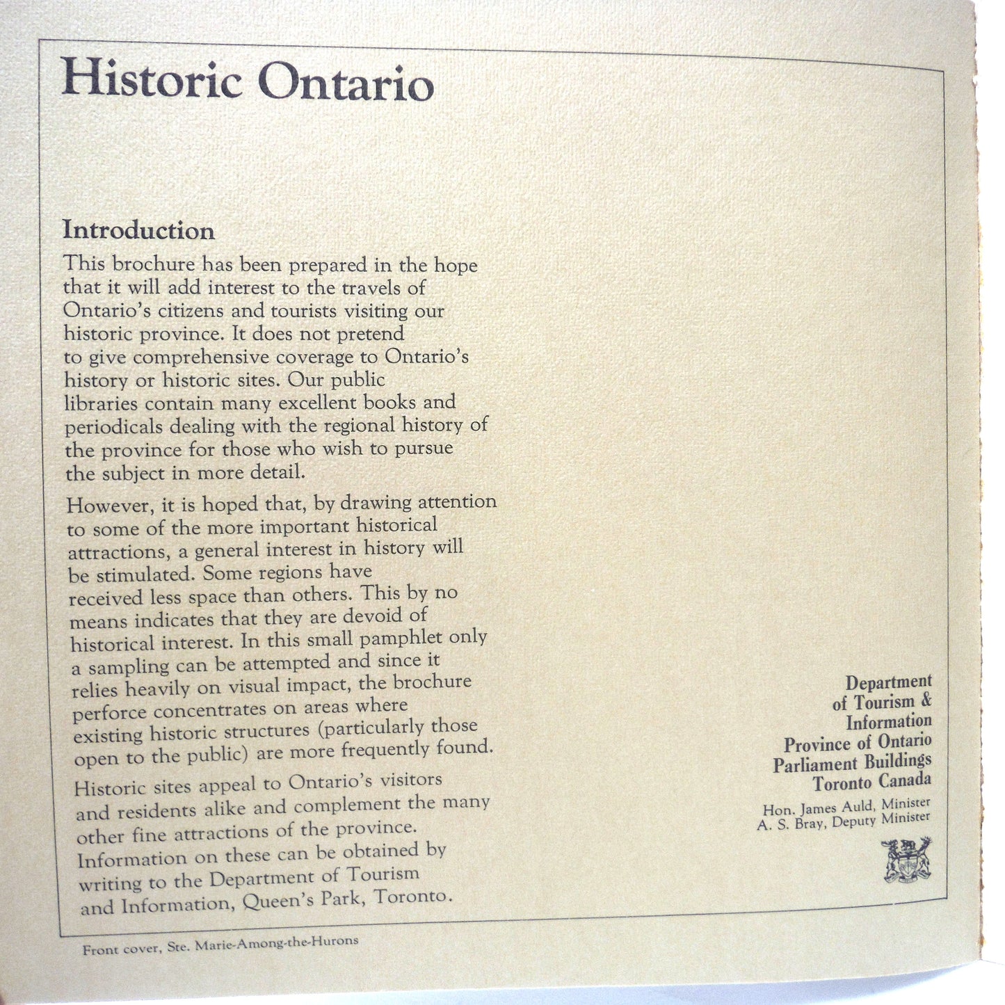'HISTORIC ONTARIO: A Special Edition Travel Ontario Tourist Brochure, by The Province of Ontario, Department of Tourism & Information, 1975