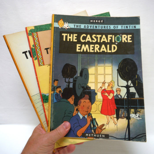 THE ADVENTURES OF TINTIN: A Paul's 3-Pack of Vintage 1975/1977 Tintin Comic Books created by Belgian cartoonist Hergé