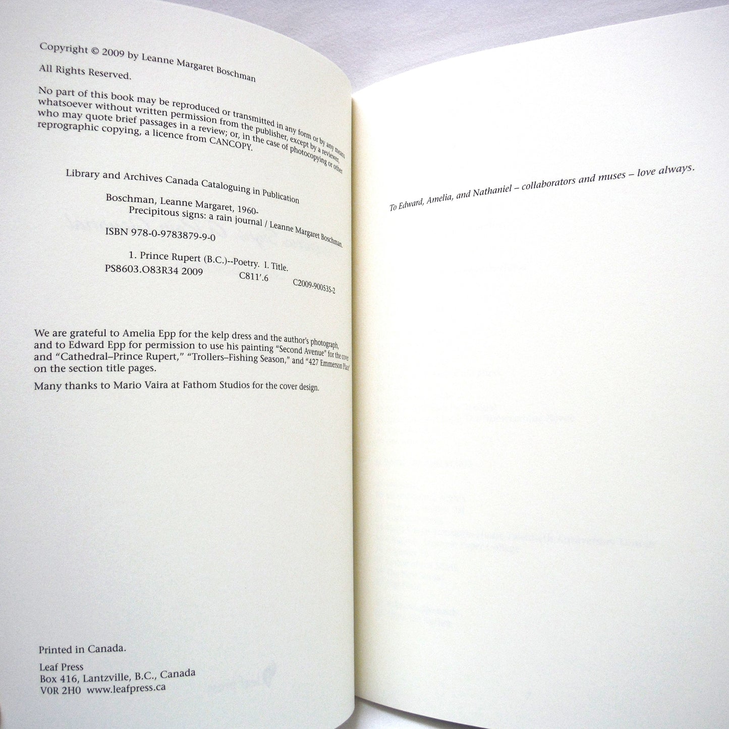 PRECIPITOUS SIGNS: A RAIN JOURNAL by Leanne Boschman (1st Ed. SIGNED)