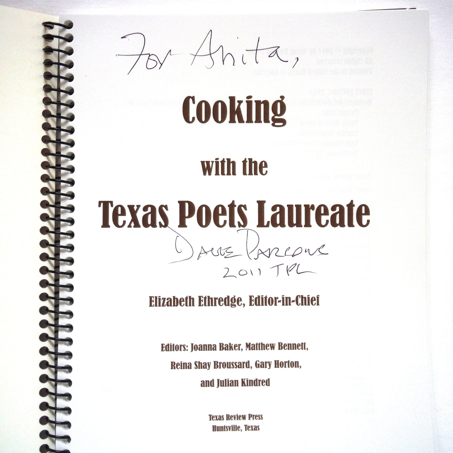 COOKING WITH THE TEXAS POETS LAUREATE, Poems and Recipes as Edited by Elizabeth Ethredge  (1st Ed. SIGNED)
