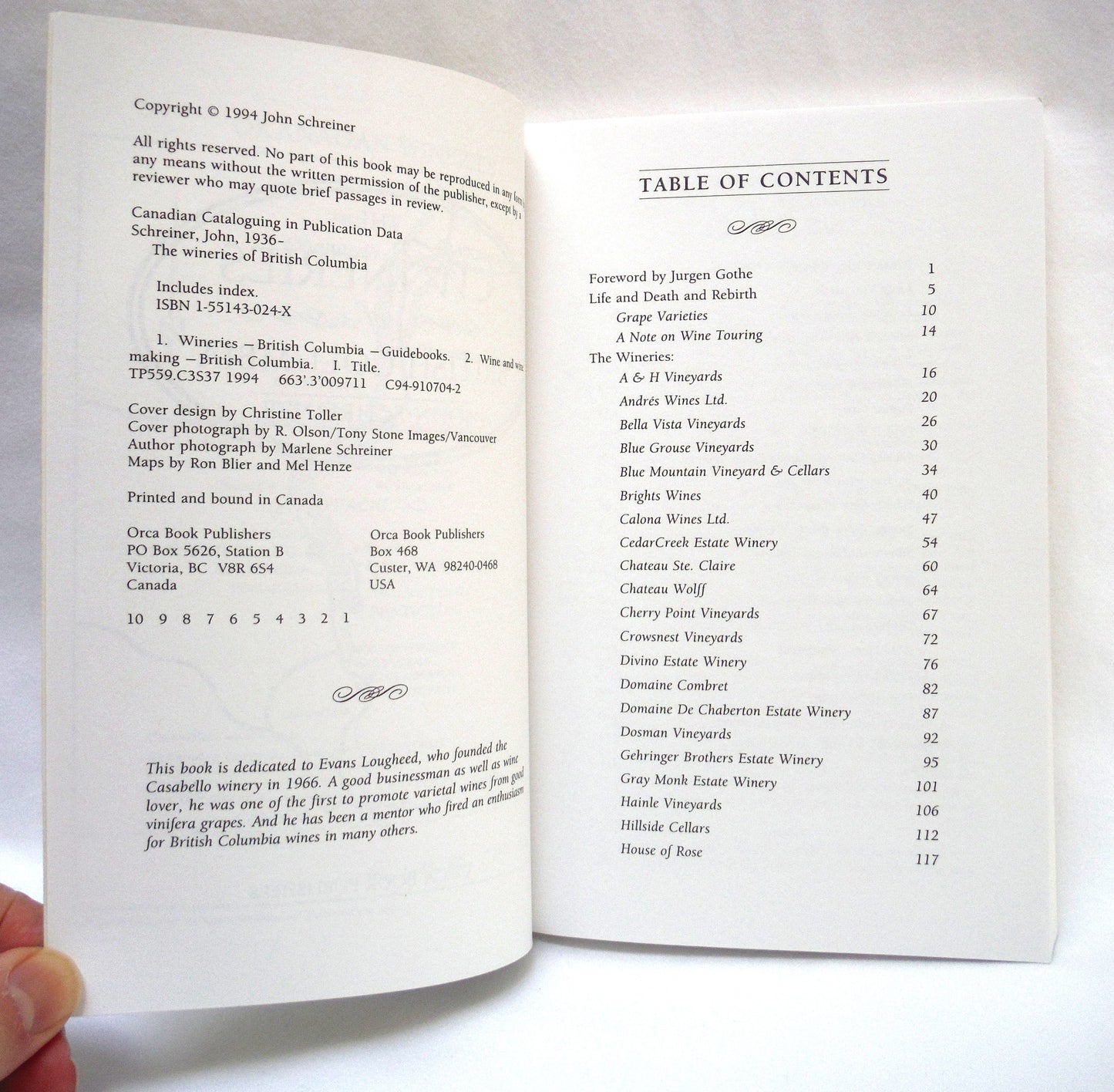 THE WINERIES OF BRITISH COLUMBIA, by John Schreiner (1994 1st Ed.)