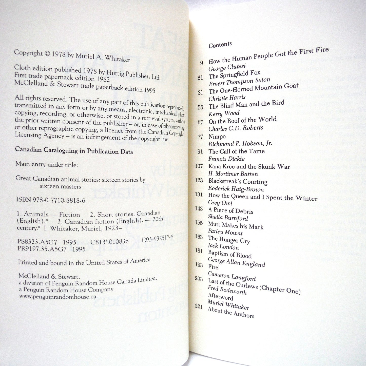 GREAT CANADIAN ANIMAL STORIES, Sixteen Stories by Sixteen Masters, Edited by Muriel Whitaker, 1995