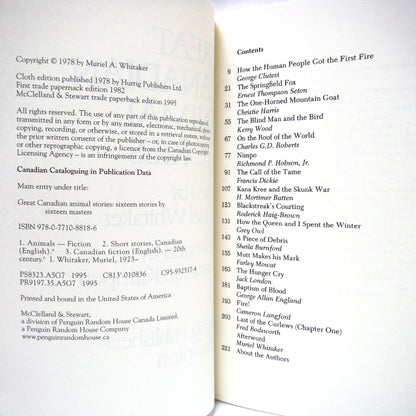 GREAT CANADIAN ANIMAL STORIES, Sixteen Stories by Sixteen Masters, Edited by Muriel Whitaker, 1995
