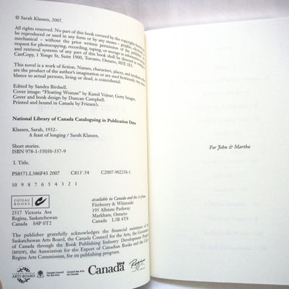 A FEAST OF LONGING, A Novel by Sarah Klassen (2007 1st Ed.)