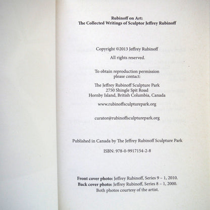 RUBINOFF ON ART, The Collected Writings of Sculptor Jeffrey Rubinoff, Edited by Karuna M. Koernig (2000 1st Ed.)