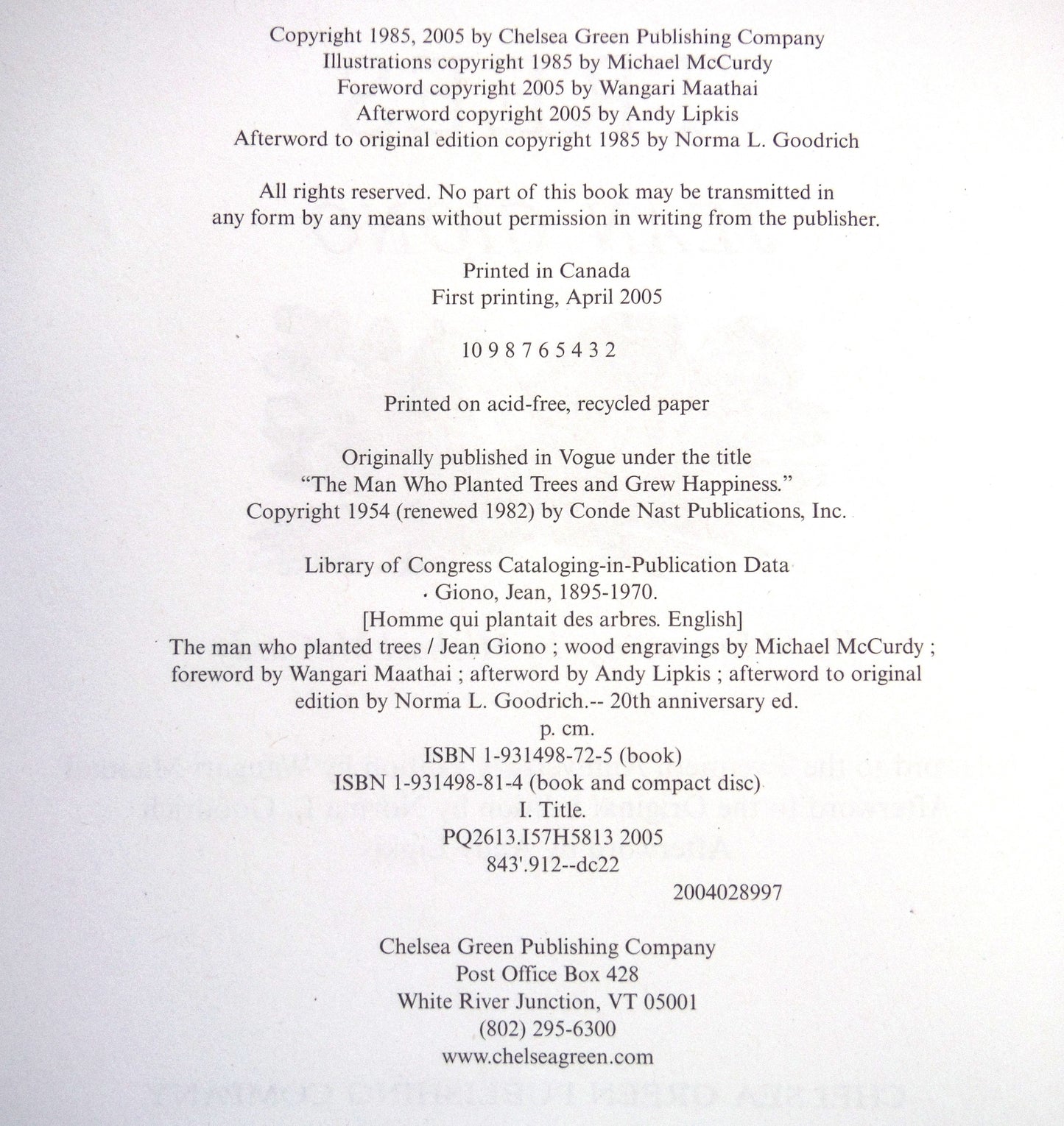 THE MAN WHO PLANTED TREES, A Story by Jean Giono, Twentieth Anniversary Hardcover Edition (2005 1st Ed.)