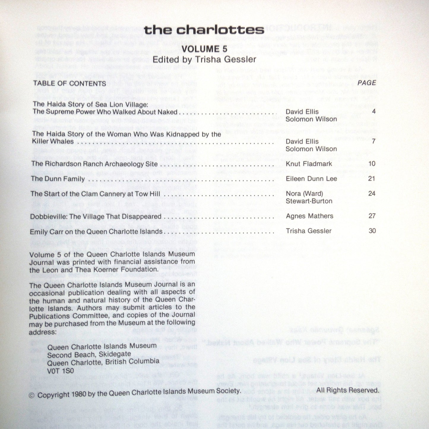 THE CHARLOTTES, by The Queen Charlotte Islands Museum Society, Volume 5, Edited by Trisha Gessler (1980 1st Ed.)