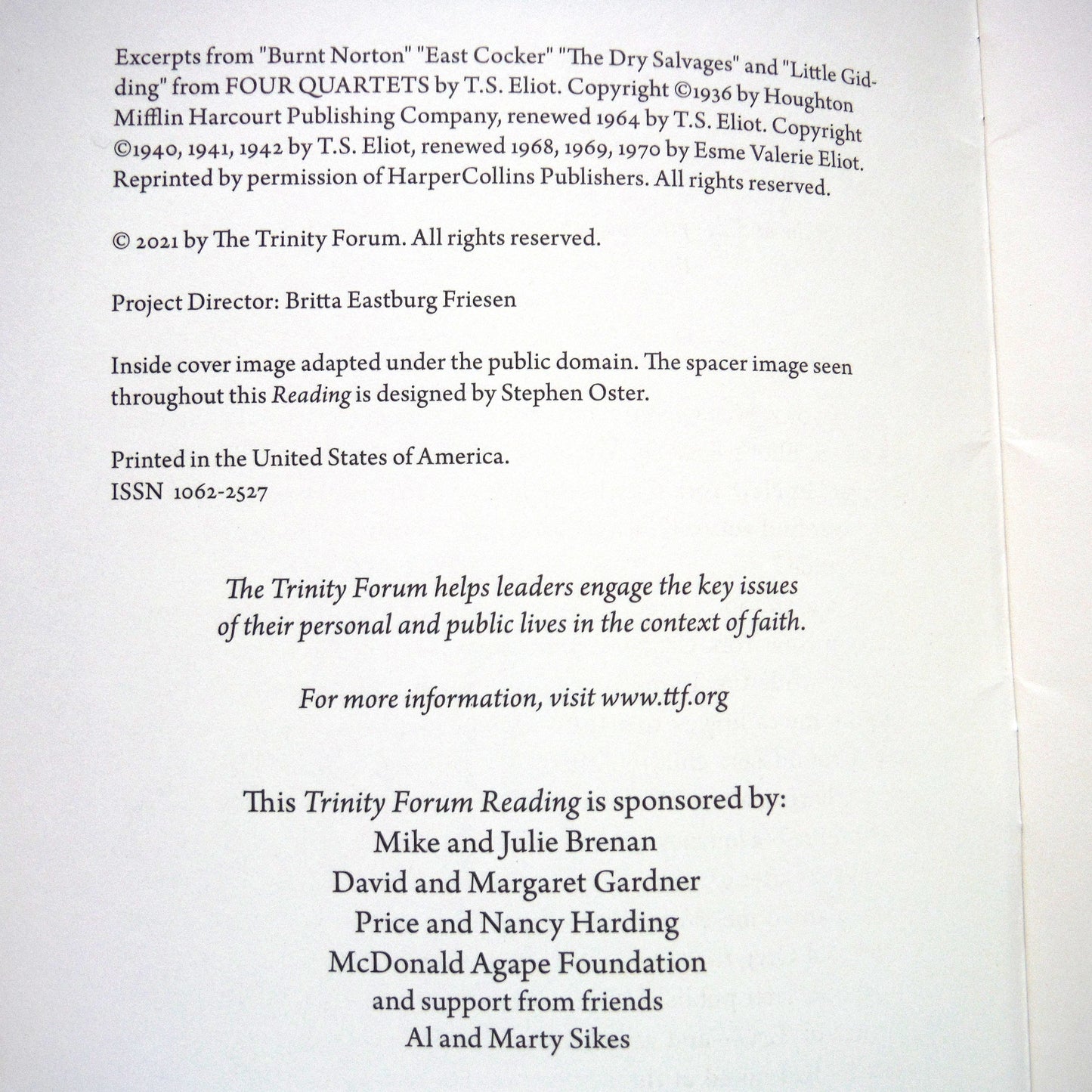 A VERY RARE FOUR-PACK OF TRINITY FORUM READING BOOKLETS by The Trinity Forum Society, 1st Ed. With Bonus Company Letter!
