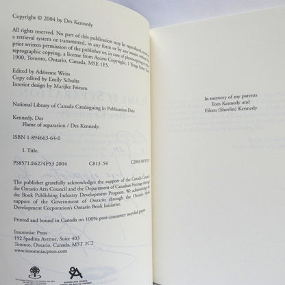 FLAMES OF SEPARATIONS, A Novel by Des Kennedy (1st Ed. SIGNED)