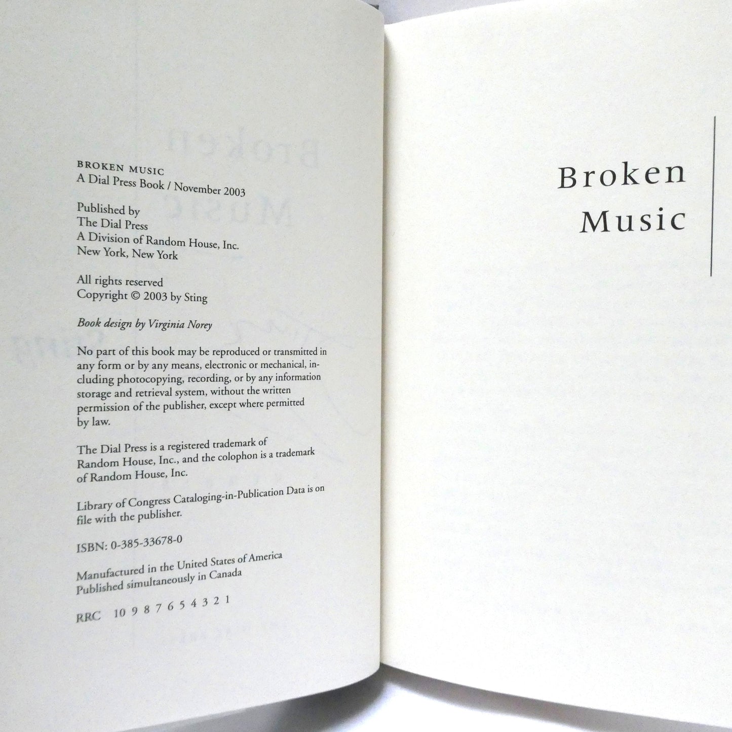 STING, broken music, a memoir by Sting (1st Ed. SIGNED)