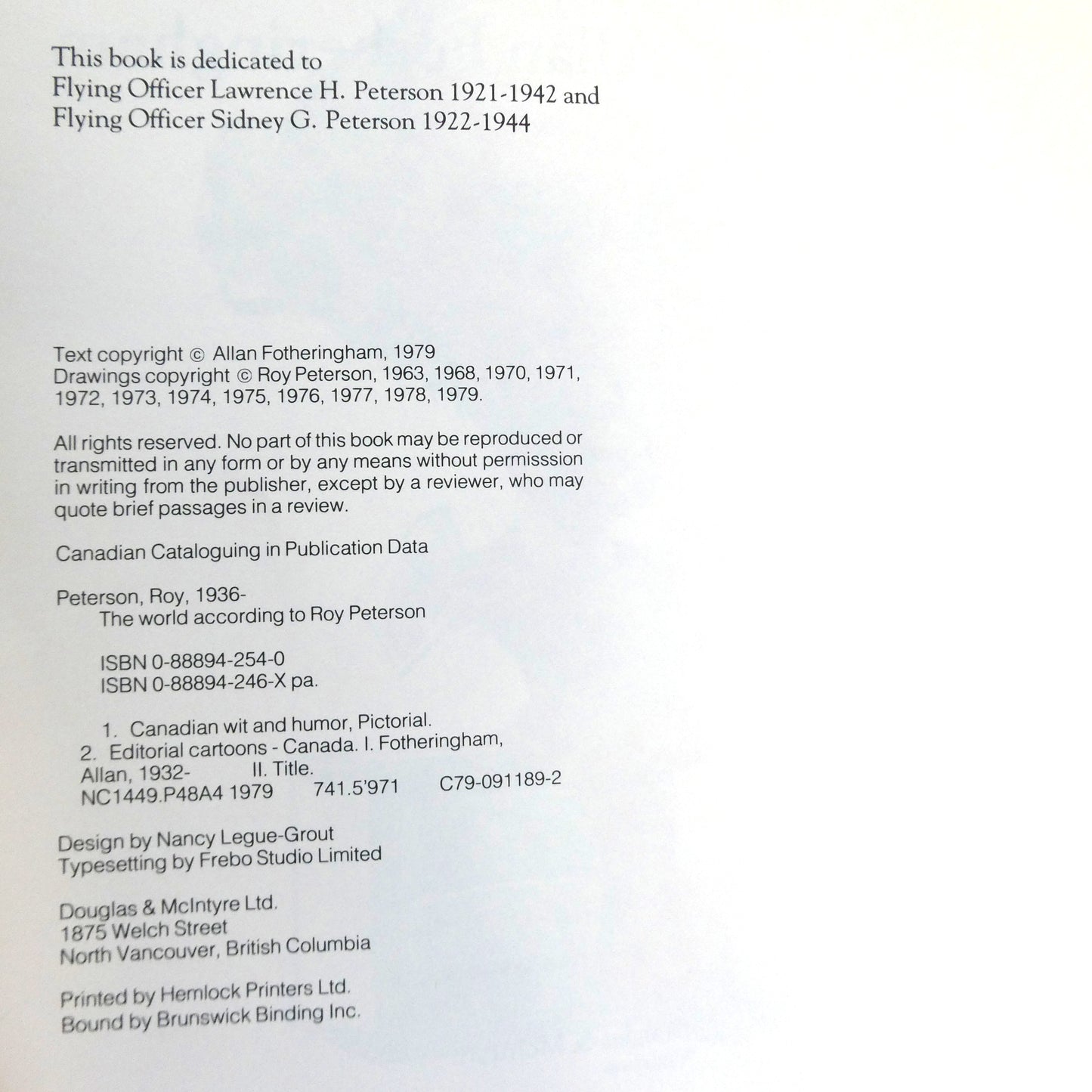 THE WORLD ACCORDING TO ROY PETERSON, With The Gospel According to Allan Fotheringham (1979 1st Ed.)