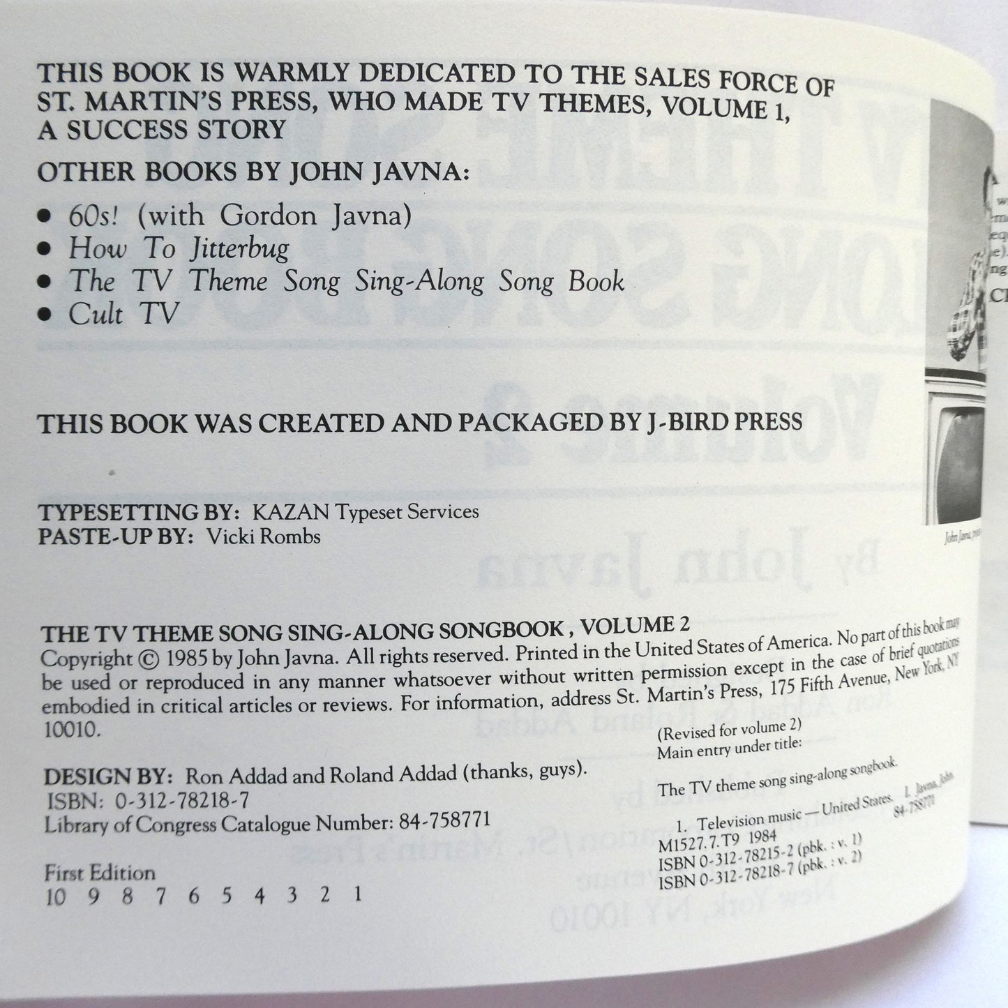 THE TV THEME SONG SING-ALONG SONG BOOK, You Loved The First Book, Now Here's Volume 2, by John Javna (1985 1st Ed.)