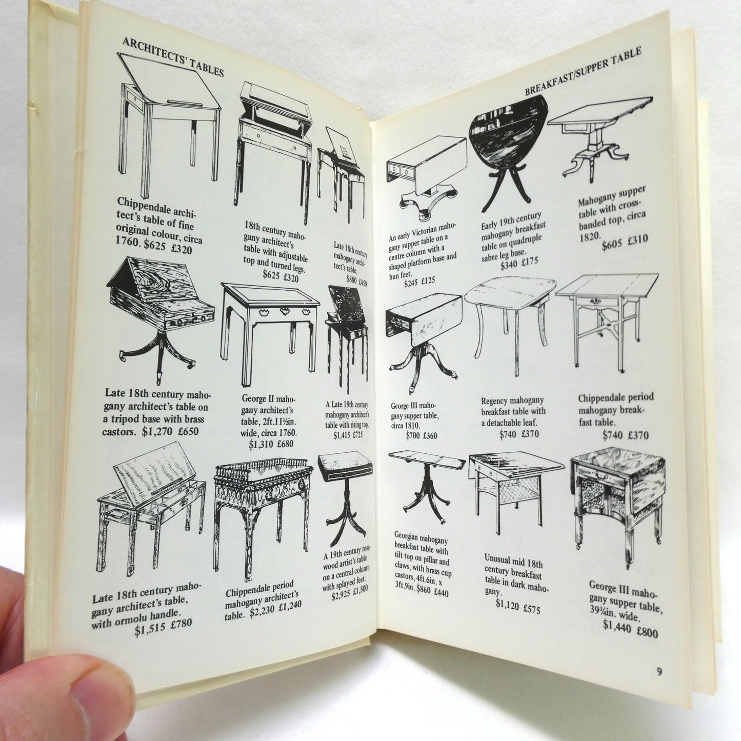 TABLES, ANTIQUES AND THEIR VALUES, Collectors Pocket Guide by Tony Curtis (1979 1st Ed.)