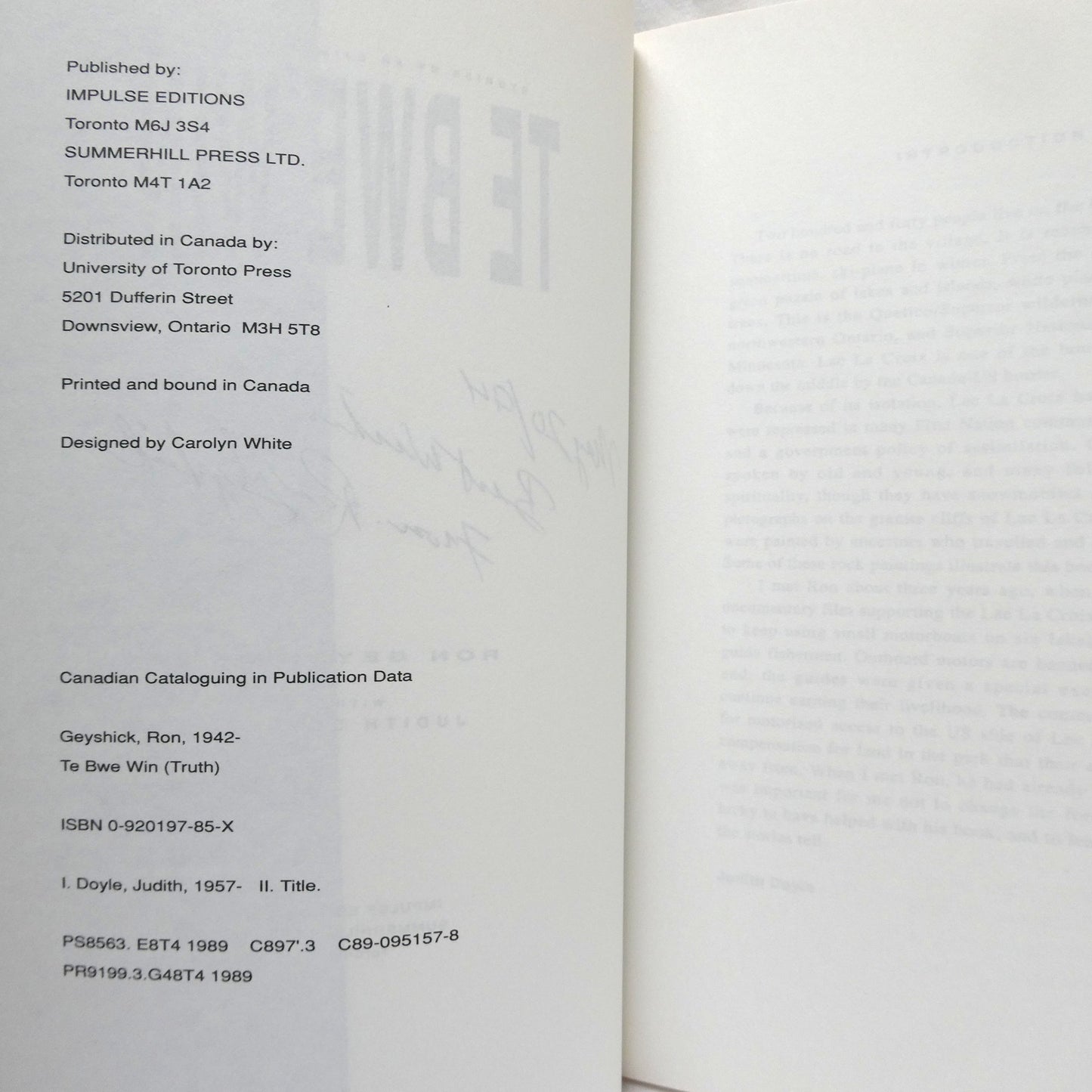 TE BWE WIN, TRUTH, Stories by an Ojibway Healer, by Ron Geyshick with Judith Doyle (1st Ed. SIGNED)