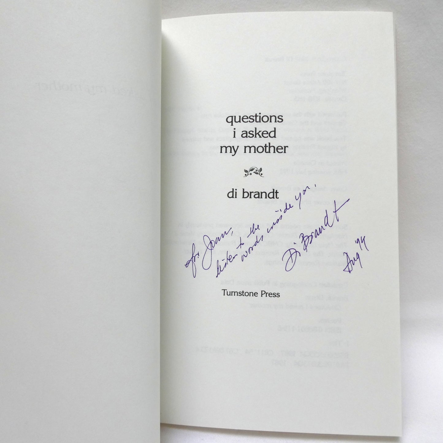 QUESTIONS I ASKED MY MOTHER, Poems by Di Brandt (1st Ed. SIGNED)