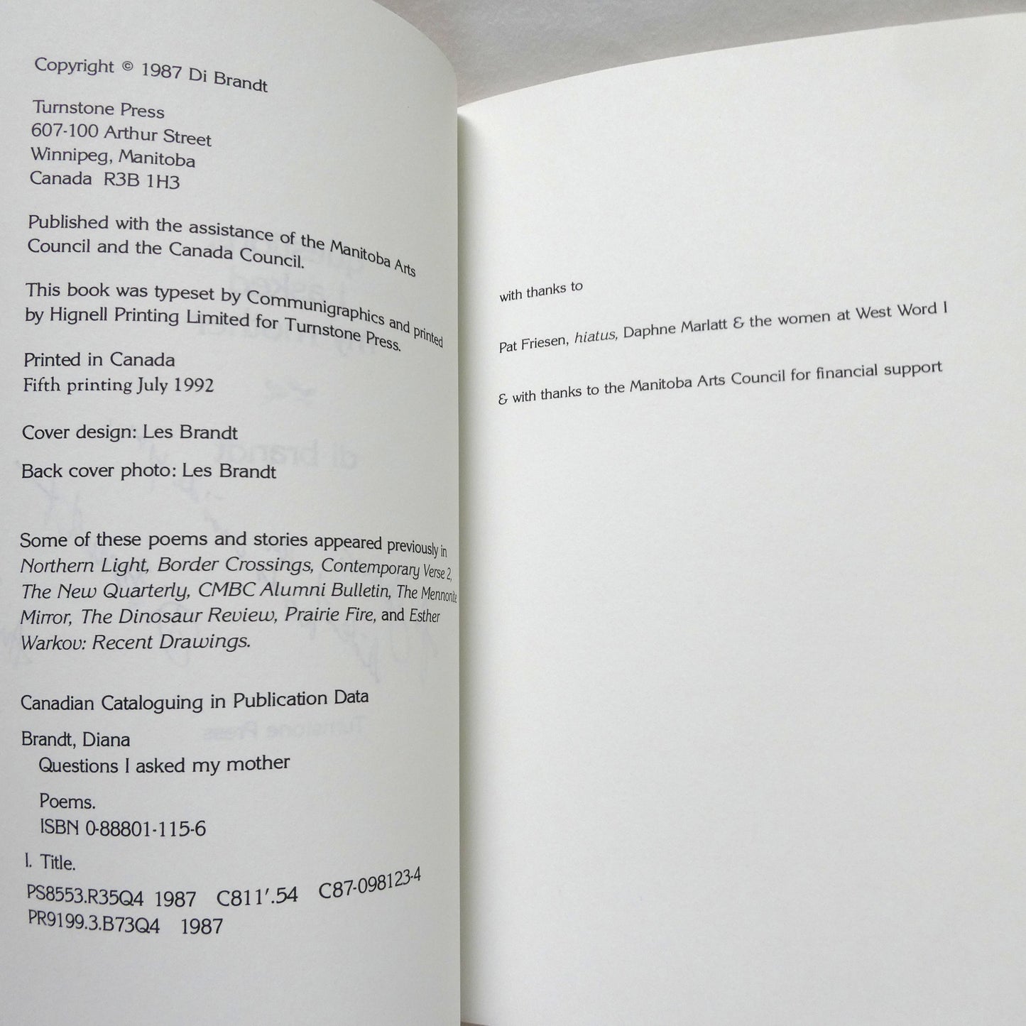 QUESTIONS I ASKED MY MOTHER, Poems by Di Brandt (1st Ed. SIGNED)
