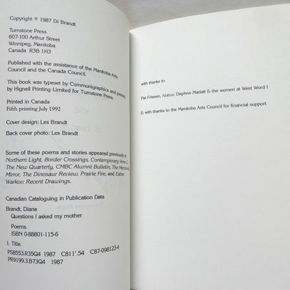 QUESTIONS I ASKED MY MOTHER, Poems by Di Brandt (1st Ed. SIGNED)