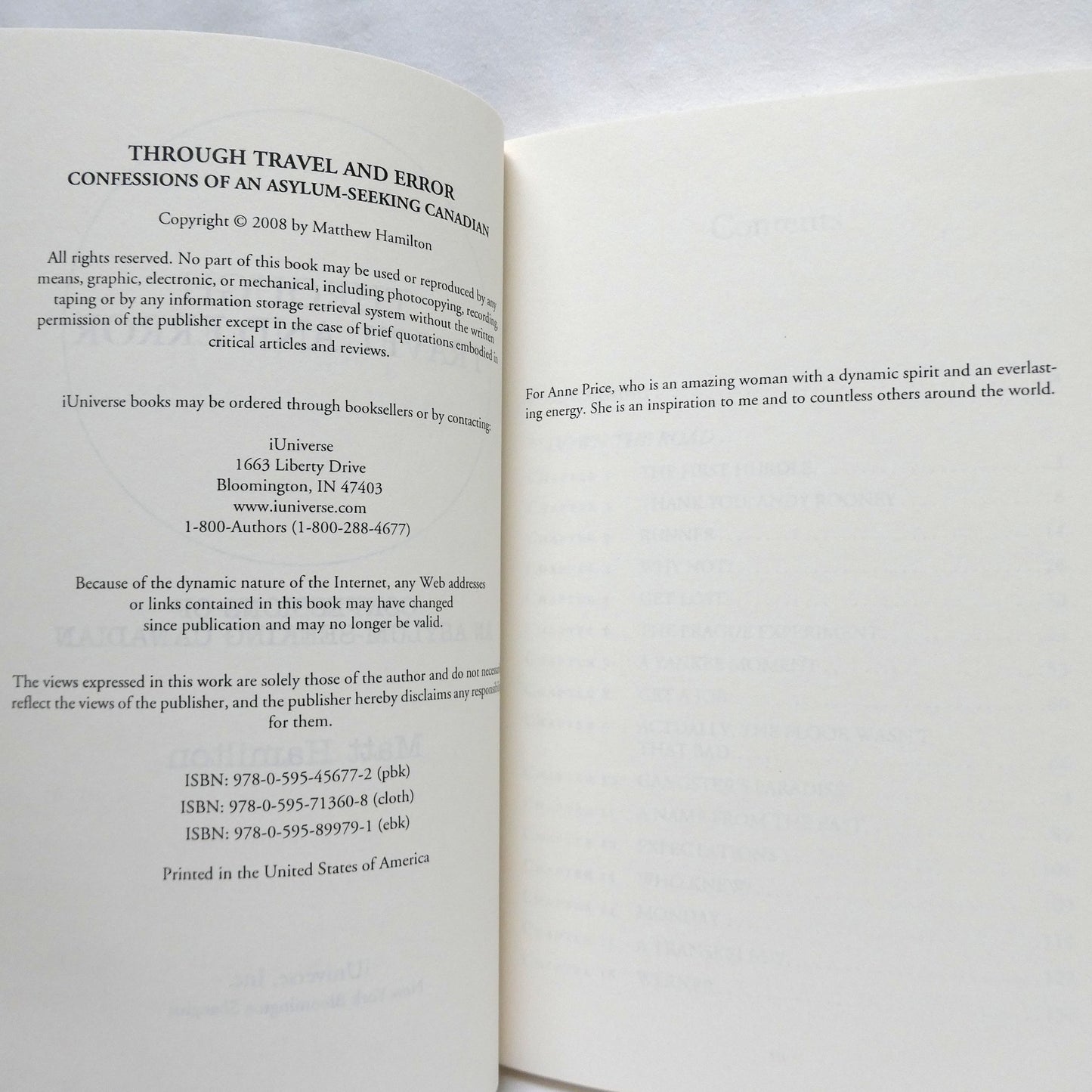 THROUGH TRAVEL AND ERROR, Confessions of An Asylum-Seeking Canadian, by Matt Hamilton (1st Ed. SIGNED)