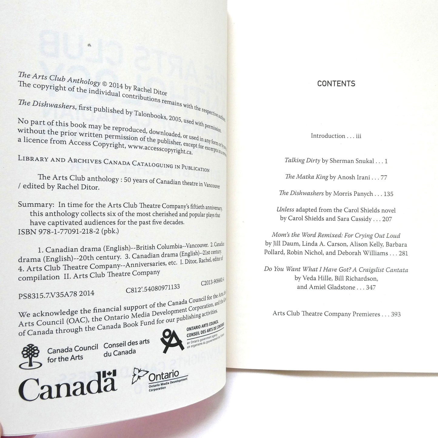 THE ARTS CLUB ANTHOLOGY, 50 Years of Canadian Theatre in Vancouver, Edited by Rachel Ditor (1st Ed. SIGNED)