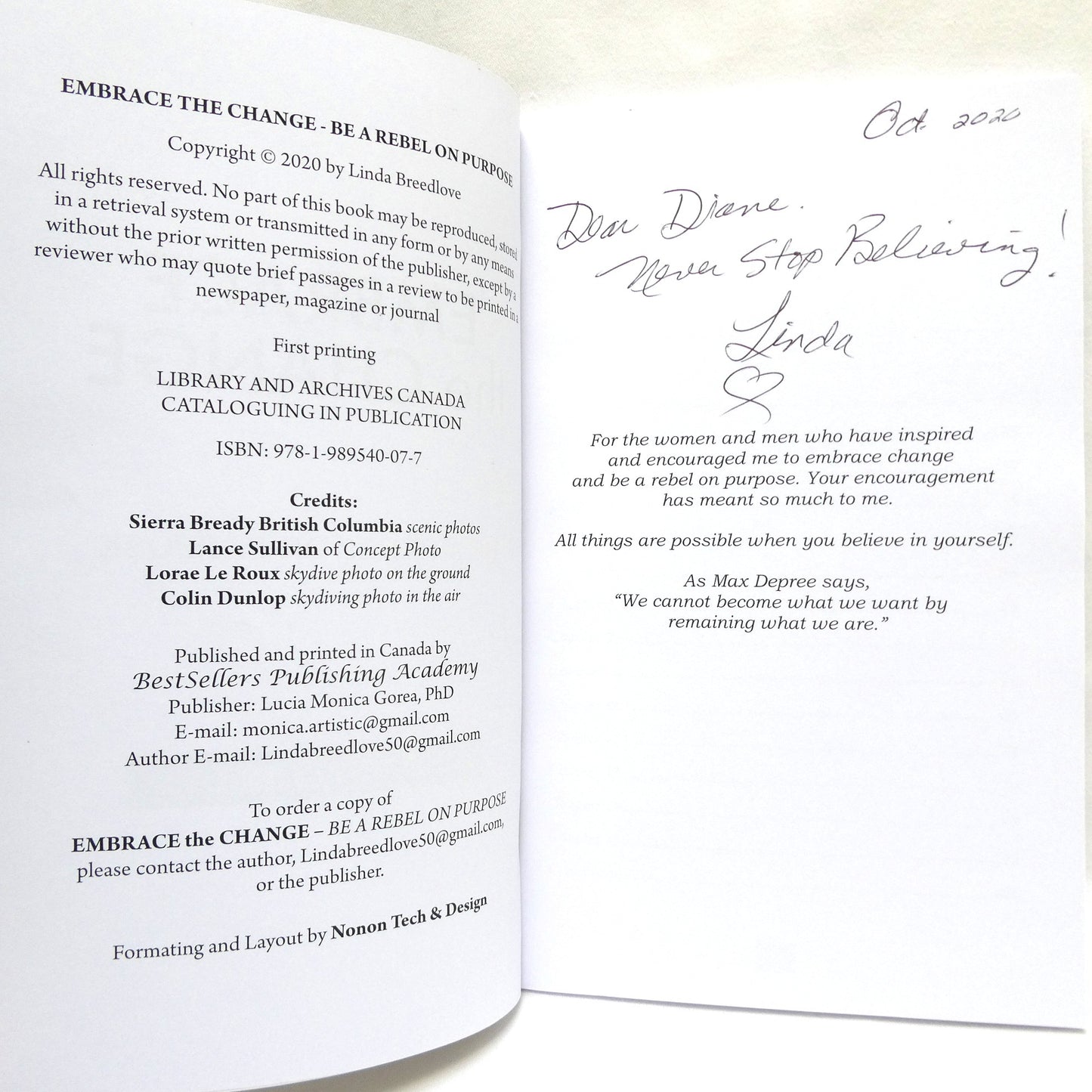 EMBRACE THE CHANGE, Be a Rebel on Purpose, by Linda Breedlove (1st Ed. SIGNED)